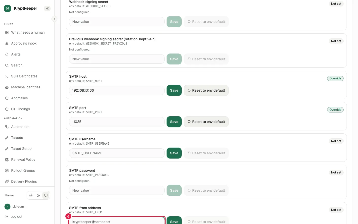 Fill SMTP from address with "kryptkeeper@acme.test"